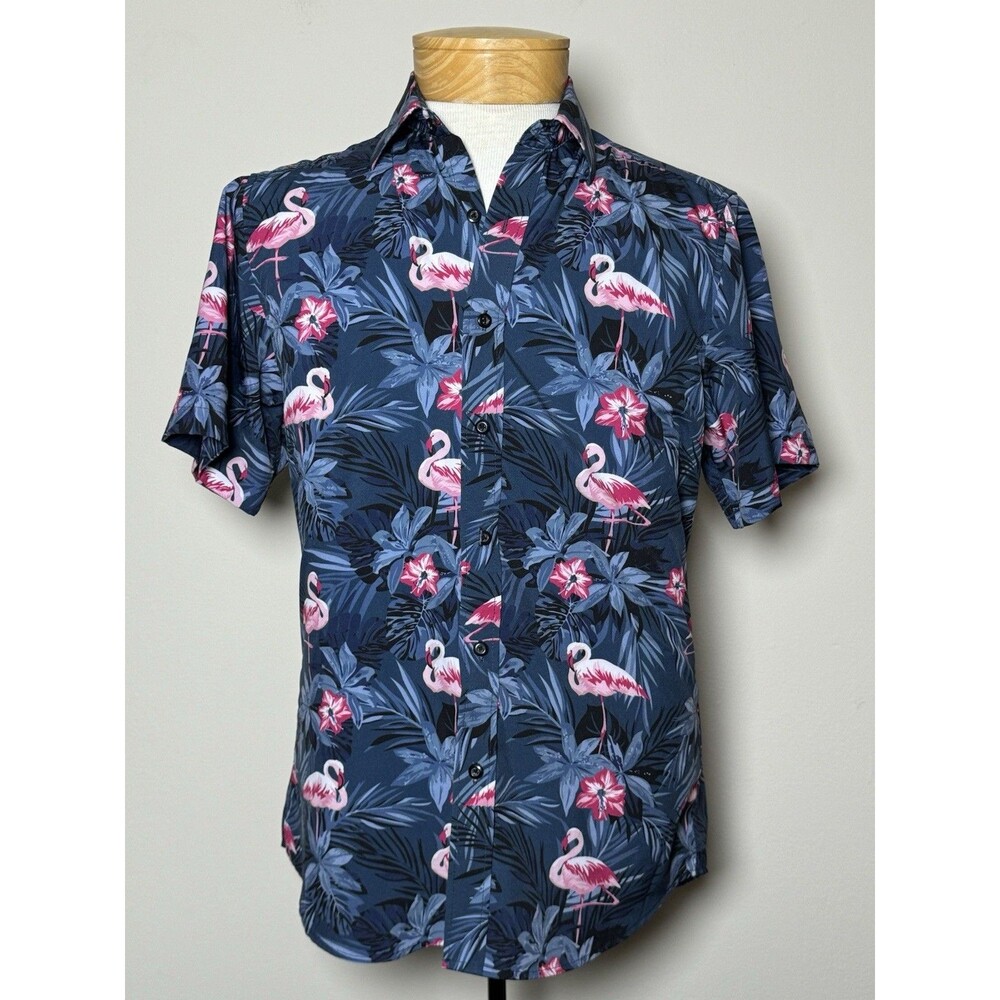 Envmenst Pink Flamingo Hibiscus Hawaiian Shirt Mens Size Small Button Down EUC